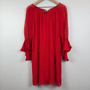 Indigo Rose Top Women's 2X Red Crochet Lace Bell Sleeve Keyhole Front Crinkle‎